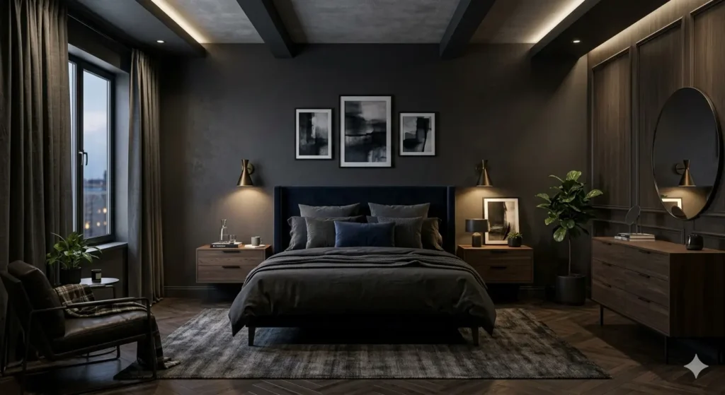 Imagen de una habitación con una tonalidad oscura y una cama doble.