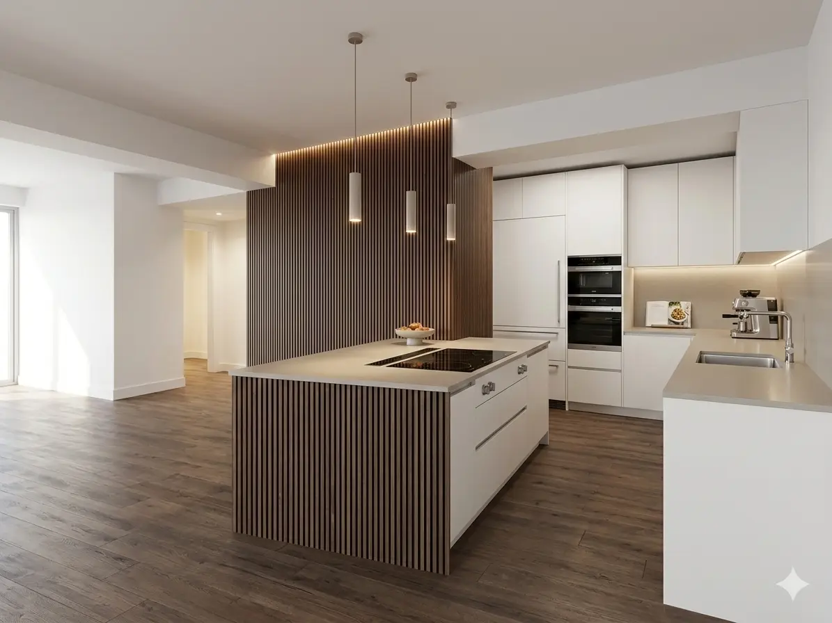 Cocina americana con tonos blancos y un suelo de madera. Imagen destacada de la página Reforma Parcial en Murcia, propiedad de Reformas La Cabaña S.L.