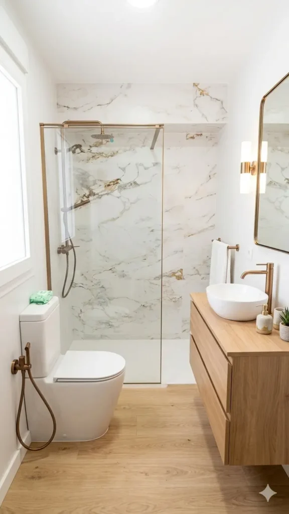 Baño con paredes blancas, suelo y muebles de madera, un retrete, un lavabo, un espejo y una ducha con mampara de mármol. Imagen propiedad de Reformas La Cabaña S.L.