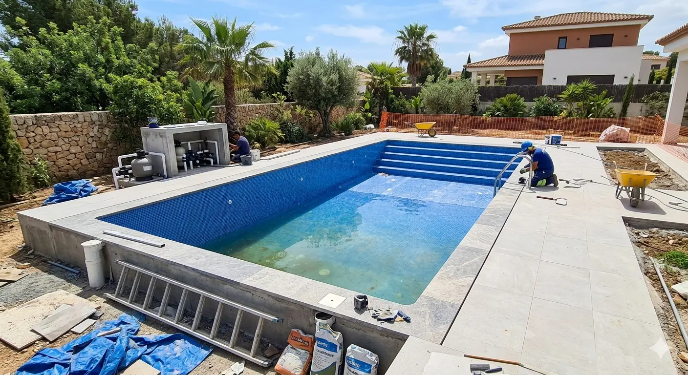 Piscina de una vivienda particular de grandes dimensiones aún en construcción. Imagen destacada de la página Construcción de Piscinas en Murcia, propiedad de Reformas La Cabaña S.L.