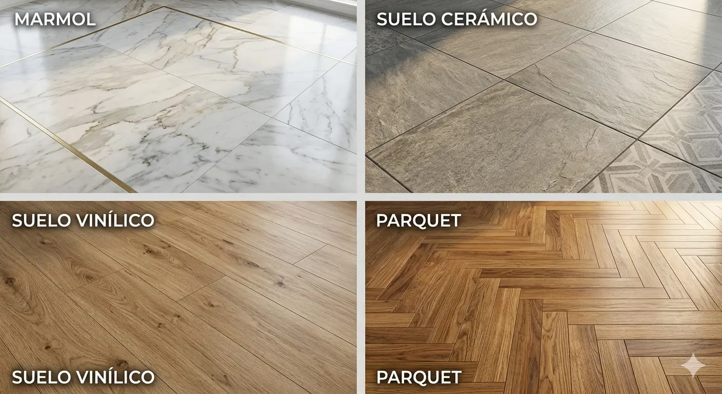 Imagen dividida en dos filas de dos columnas que muestran cuatro tipos distintos de suelo, mármol, cerámico, vinílico y parquet. Imagen destacada de la página reforma de suelos en Murcia, propiedad de Reformas La Cabaña S.L.