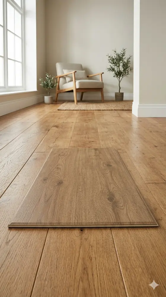 Losa de suelo vinílico sobre una tarima de madera.